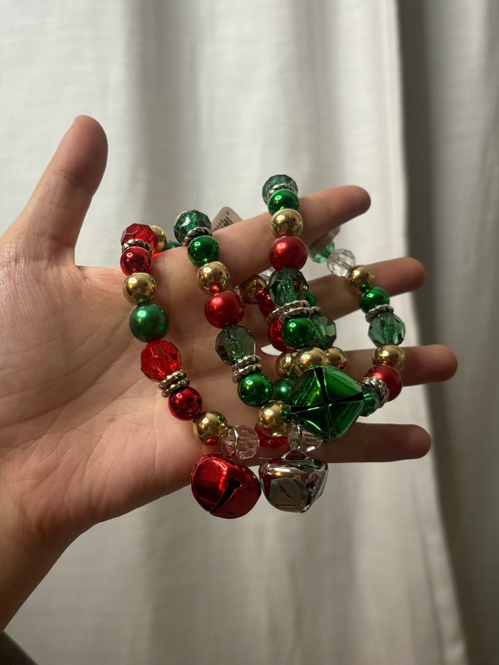 Festive Holiday Bell Beaded Bracelet Set of 3 - Green & Red & Silver